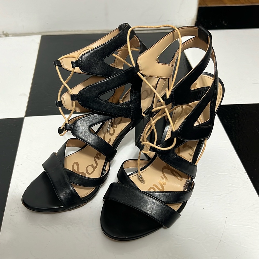 SAM EDELMAN Yardley Black Leather Cutout Lace Up Chunky Block Heel 7